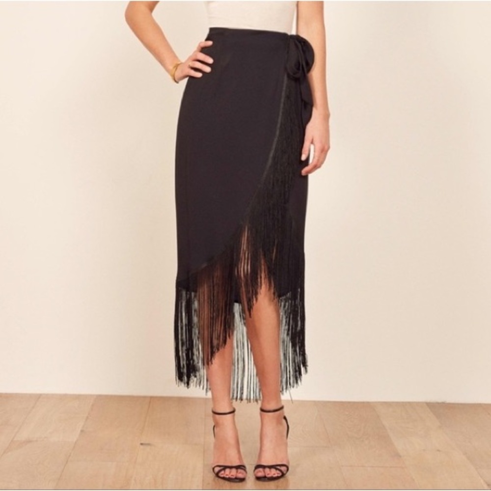 Reformation Black Fringe Midi Wrap Skirt